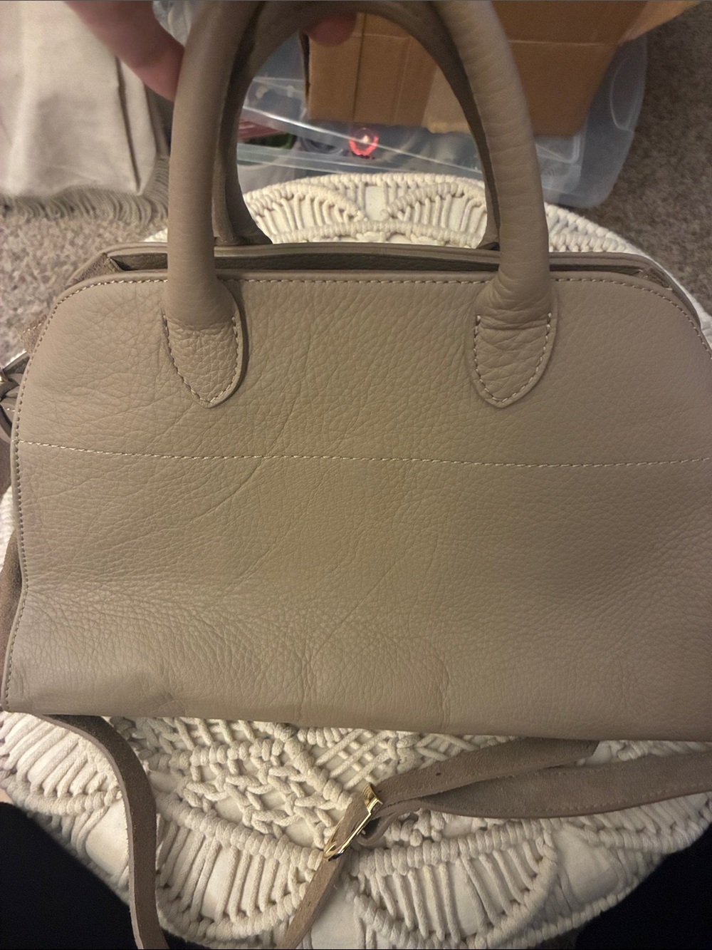 Taupe Pebbled Leather Dome Satchel‎ with Removable Strap